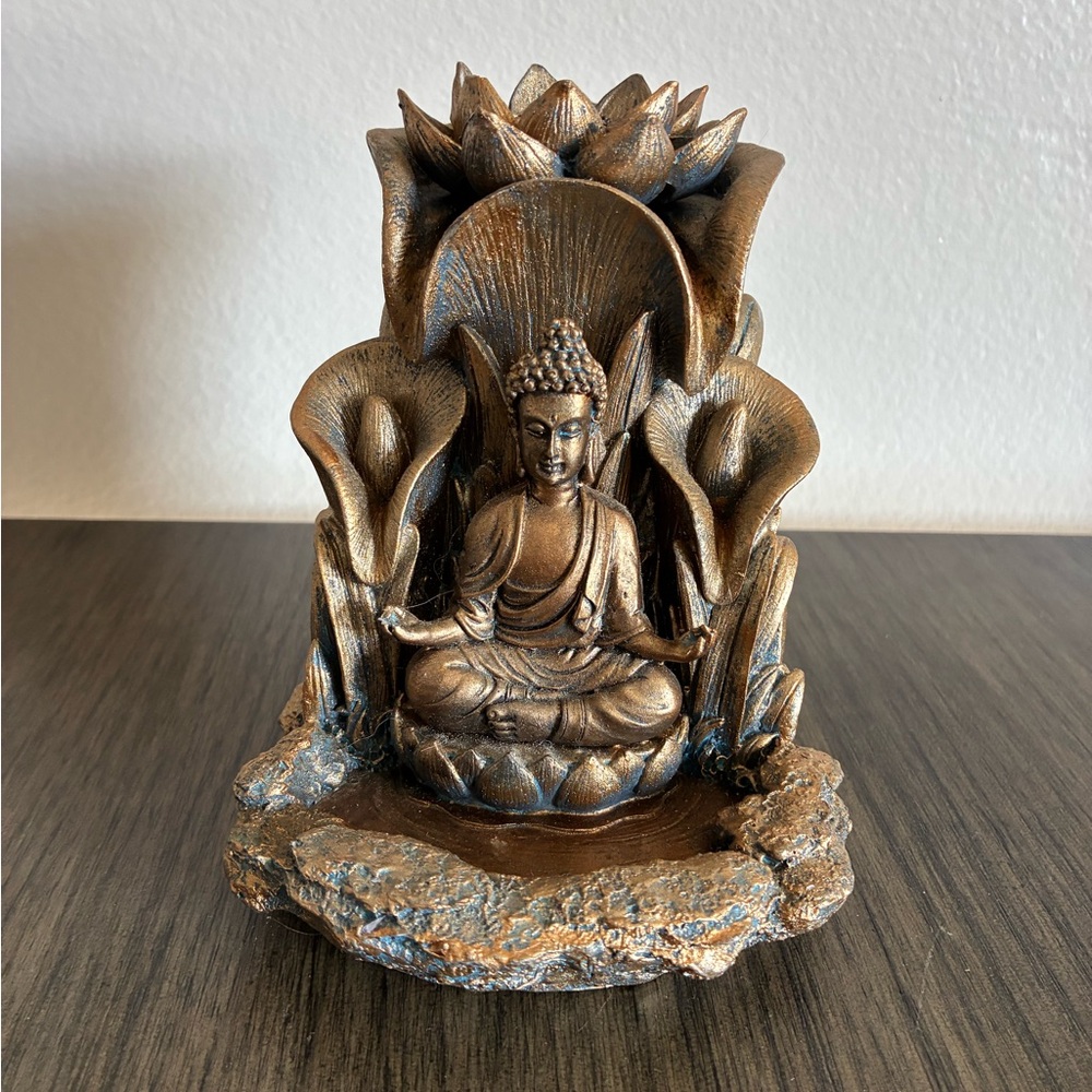 Buddha Lotus Backflow Cone Incense Burner Hands Raised Abhaya Mudra 6" H